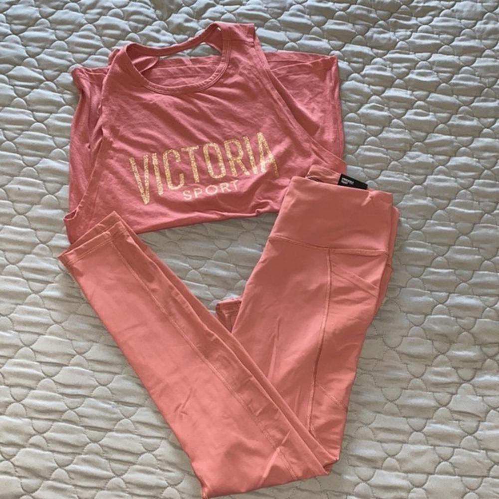 Victoria's Secret Logo Glitter Sport Set Open Back Tank Top with Leggings